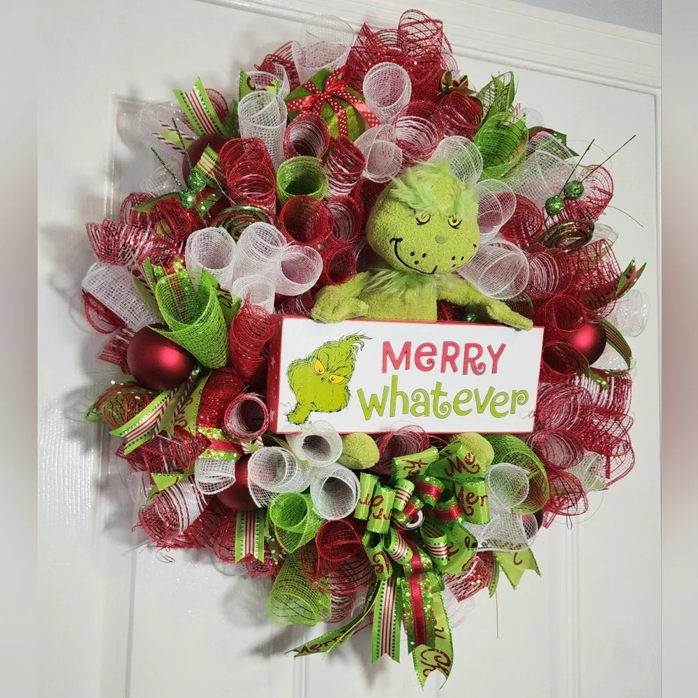 Festive GRINCH Holiday Christmas Wreath - Red, Green, White